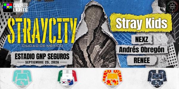 STRAYCITY · Estadio GNP Seguros · 25 de septiembre 2026 — mapa de los cuatro momentos de luces: RENEE en aqua, Andrés Obregón con linterna, NEXZ en rojo y amarillo mostaza, y Stray Kids con la bandera de México.