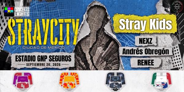 STRAYCITY · Estadio GNP Seguros · 26 de septiembre 2026 — mapa de los cuatro momentos de luces: RENEE en rojo y morado mixtos, NEXZ en rojo y amarillo mostaza por secciones, Andrés Obregón con linterna, y Stray Kids con la bandera de México.
